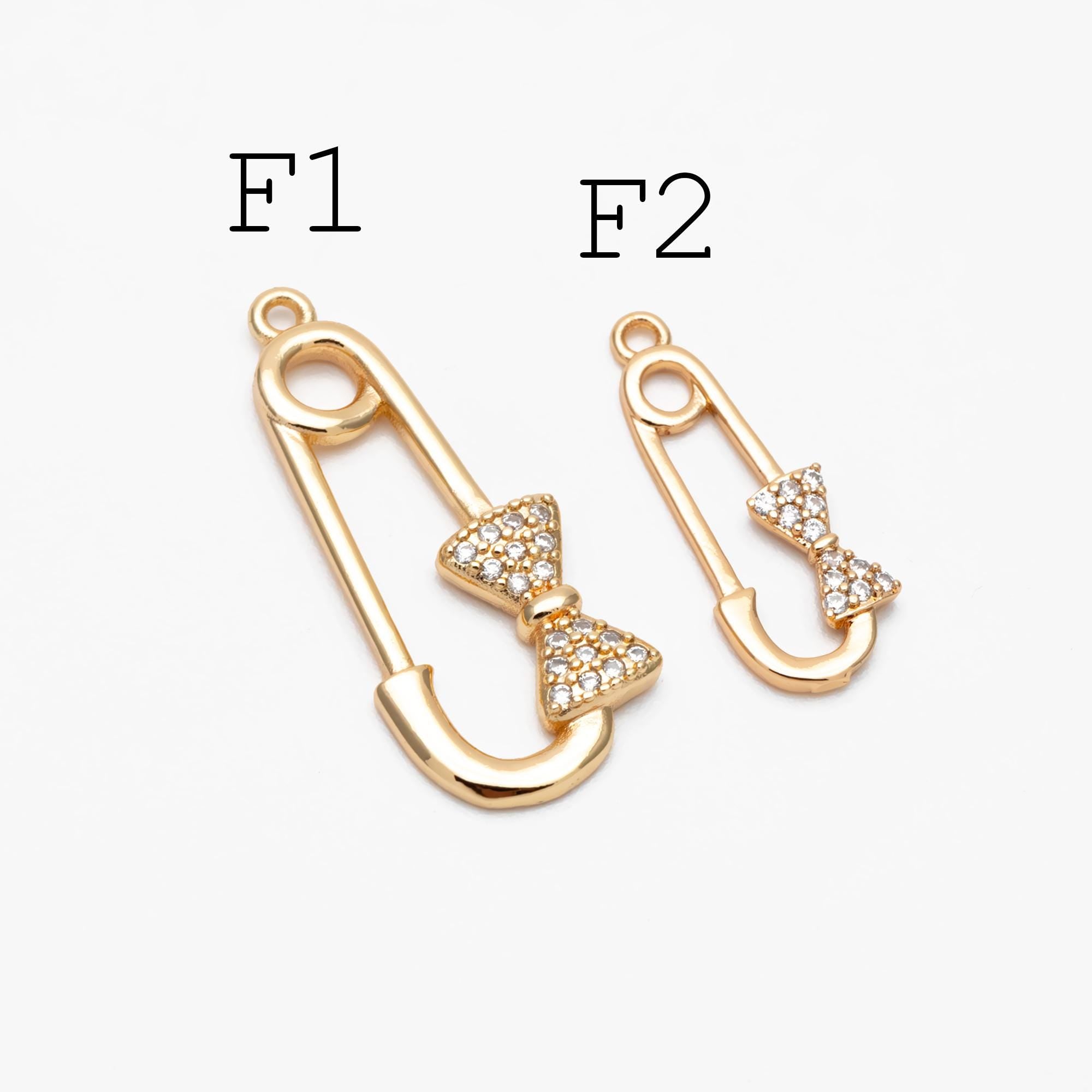 4pcs CZ Pave Safety Pin Charm Connectors , Gold Plated Brass Safety Pin Charm Pendants (GB-1827)